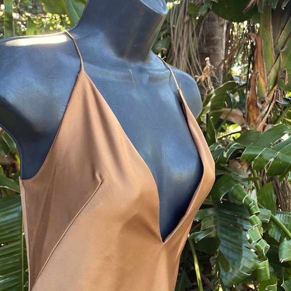 Zara deep V rose, gold metallic satin slip dress - Picture 4 of 8